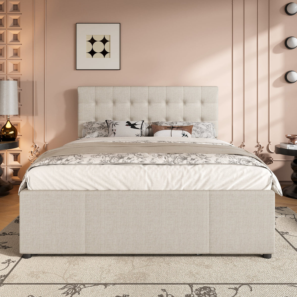 Upholstered Bed 140x200cm Extendable 3 Drawers Adjustable Headboard - Beige