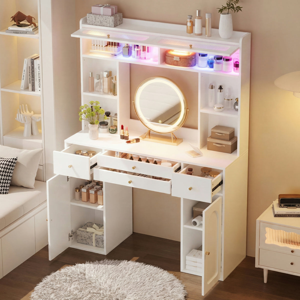 LED Dressing Table with Mirror & Storage Drawers, White