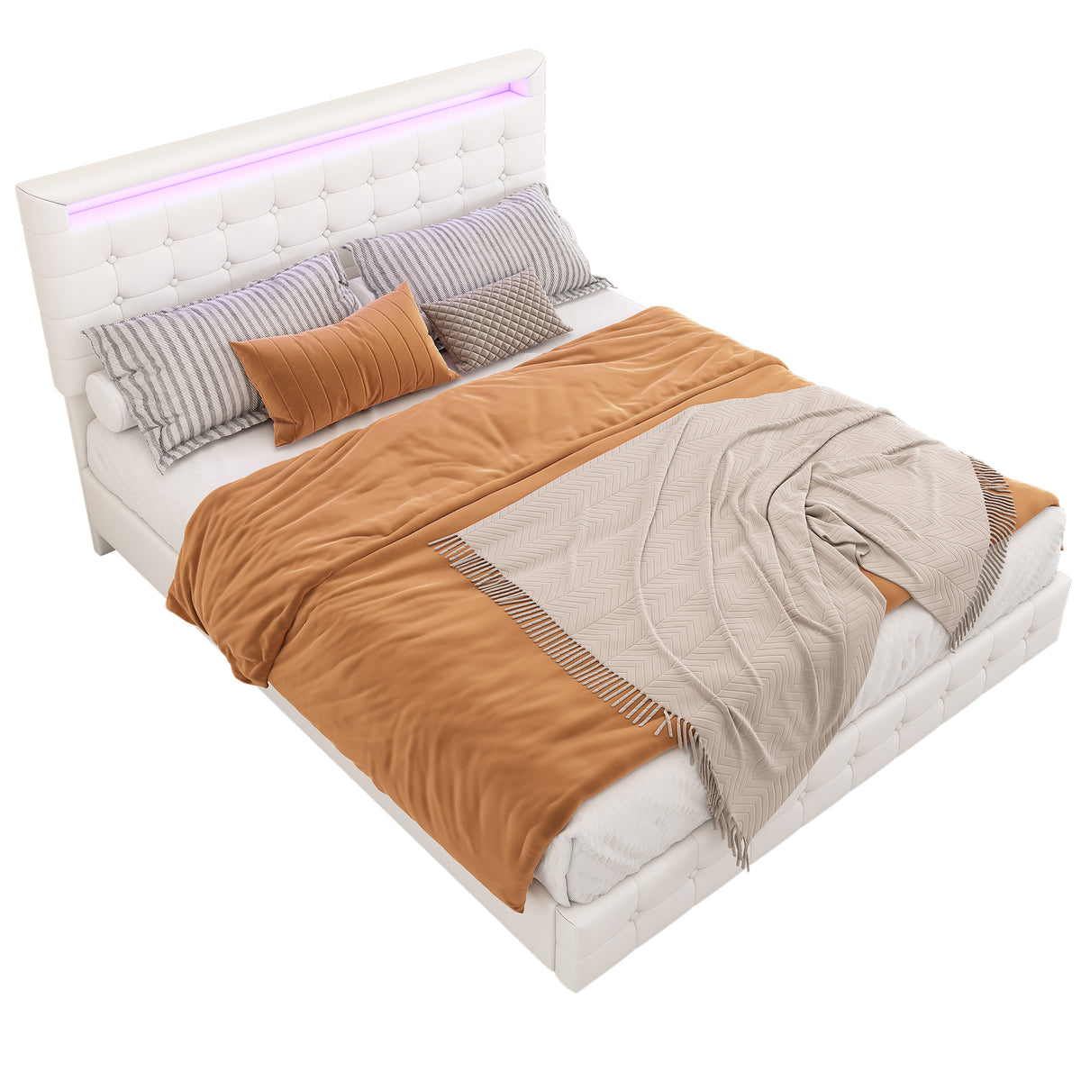 Flatbed Bed 140x200cm with LED & Adjustable Headboard, White PU