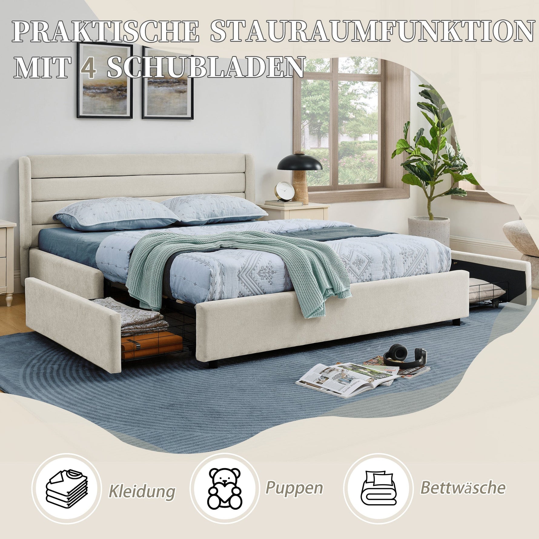 Double Bed 140x200cm 4 Storage Drawers Chenille - Beige