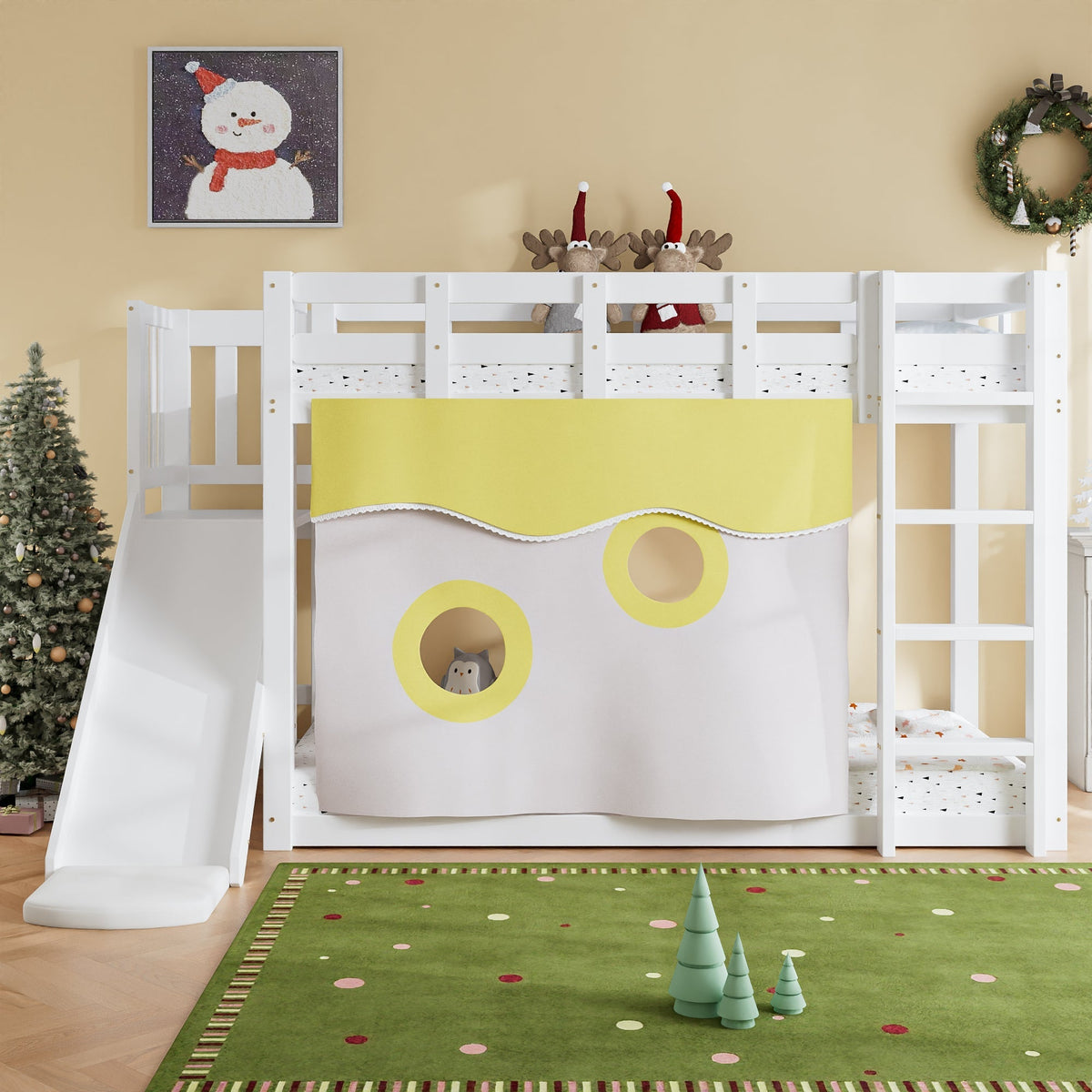 Bunk Bed 90x200cm with Stairs Slide and Curtain - White MDF/Pine