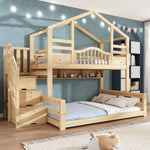 Children's Bunk House Bed 90x200/140x200 with Storage, Natural Wood