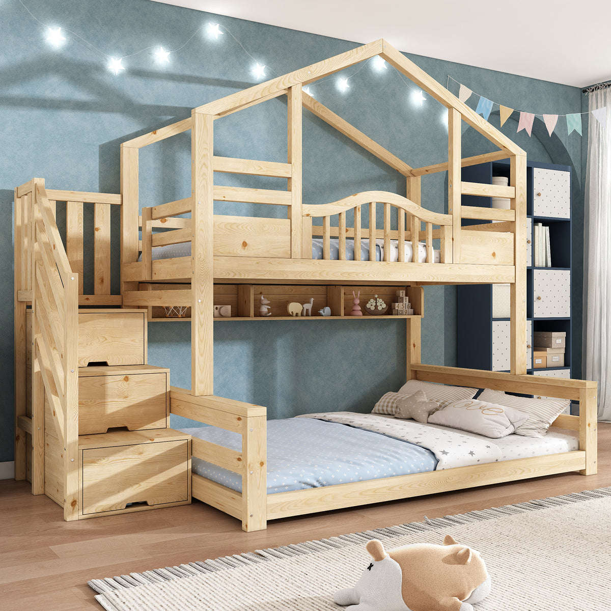 Children's Bunk House Bed 90x200/140x200 with Storage, Natural Wood
