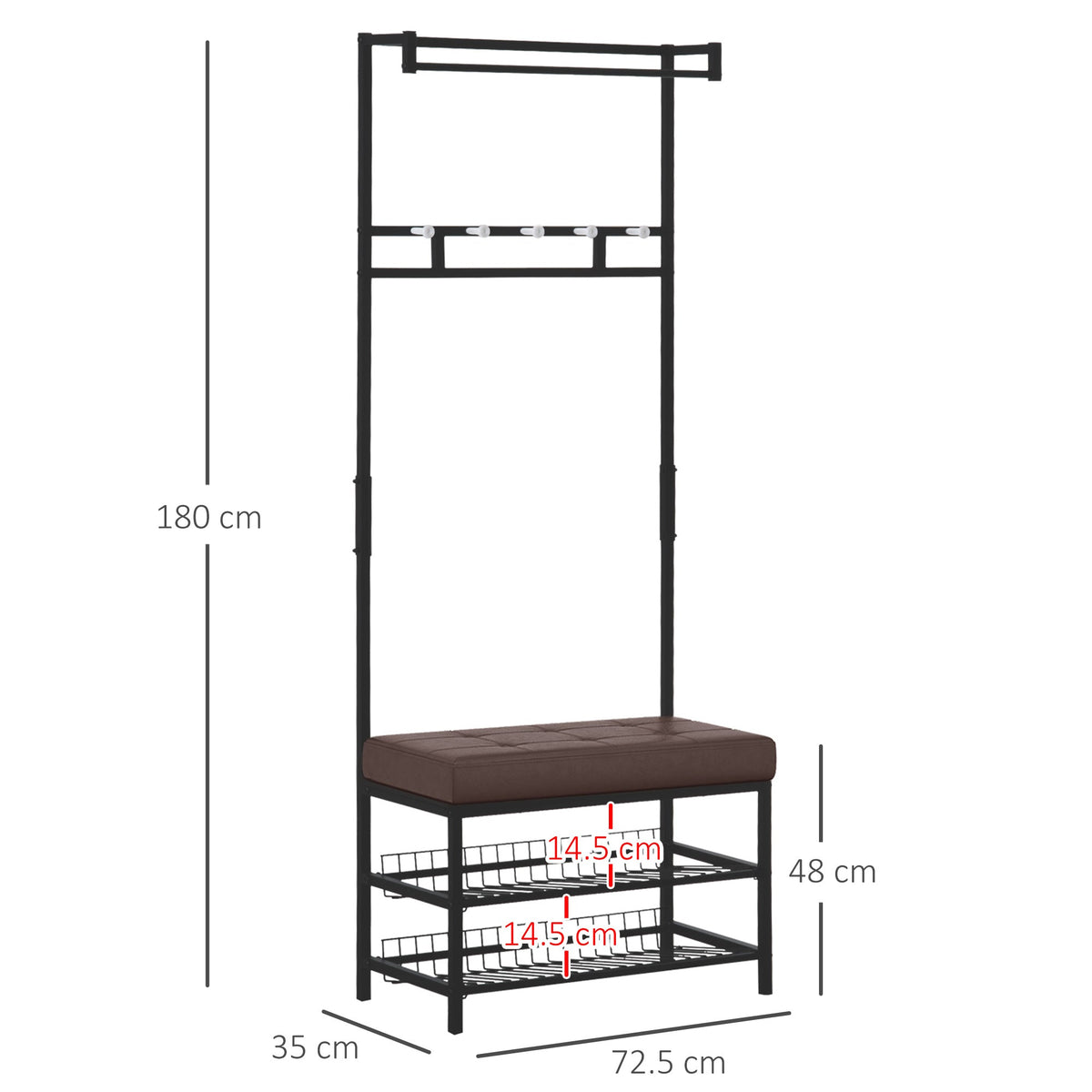 Coat rack with bench and shoe rack, 2 shoe shelves, metal