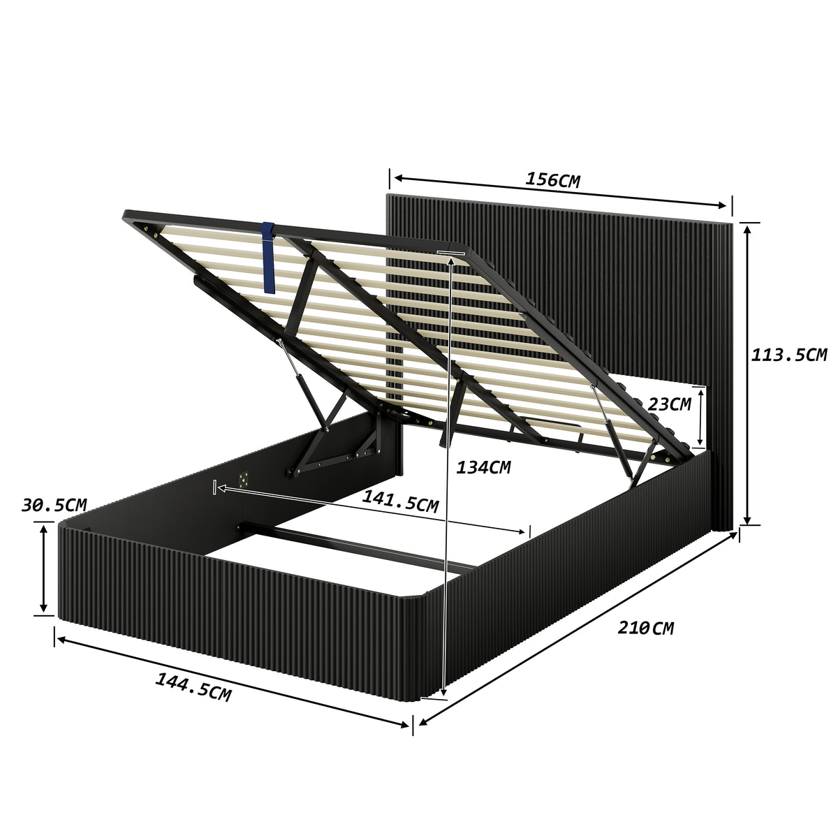 Modern Bed with Hydraulic Lift & Storage, 140x200 cm - Black