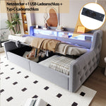 Upholstered Sofa Bed with Hydraulic Storage, LED, and Charging Port, 90x200cm, Light Grey
