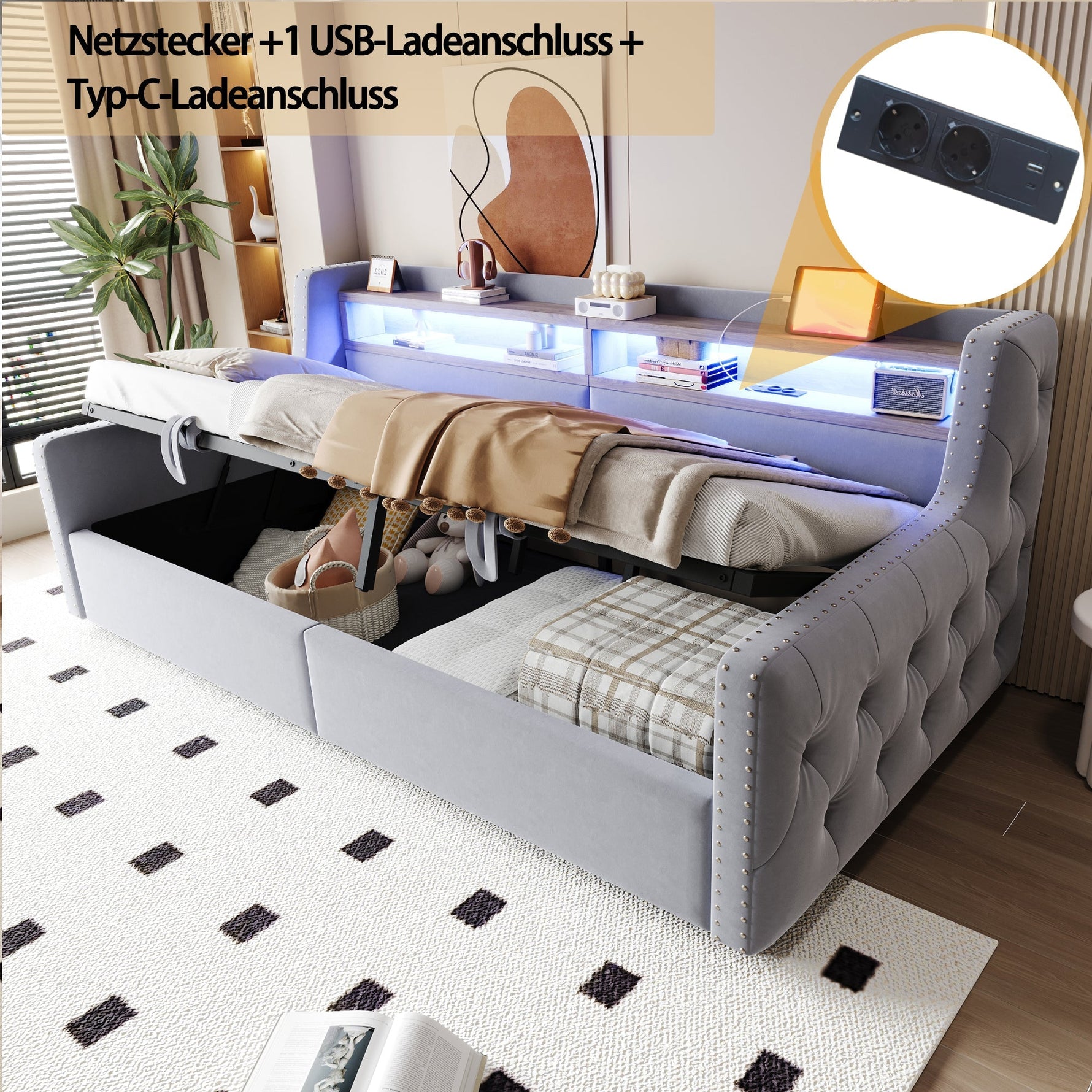Upholstered Sofa Bed with Hydraulic Storage, LED, and Charging Port, 90x200cm, Light Grey