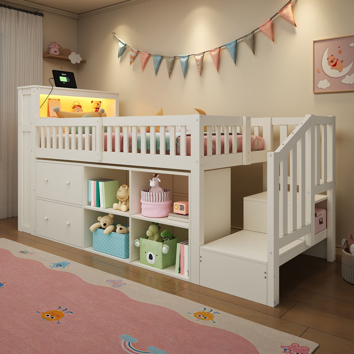 Mid-Height Bed 90x200 cm with Drawers, Storage & LED Lighting, White