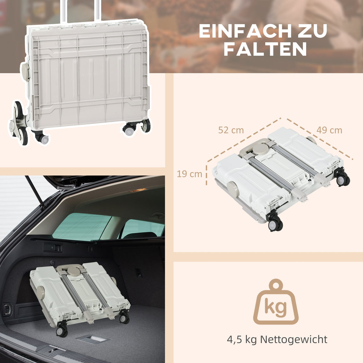 Folding Shopping Trolley, Adjustable Telescopic Handle, Stair Climber 80 kg, with Lid, White