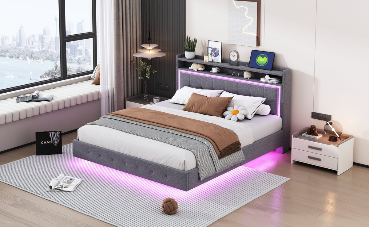 Upholstered Bed, 160x200 USB & LED, Linen Fabric Gray