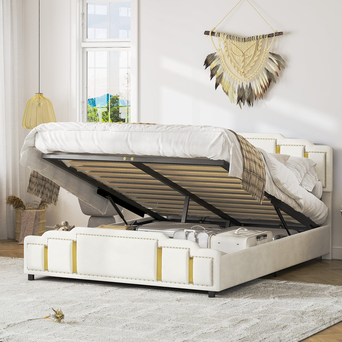 Hydraulic Double Bed 160x200cm with Headboard, Beige Velvet