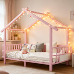 House Children's Bed Frame 90x200cm with Safety Rail, Pink Metal