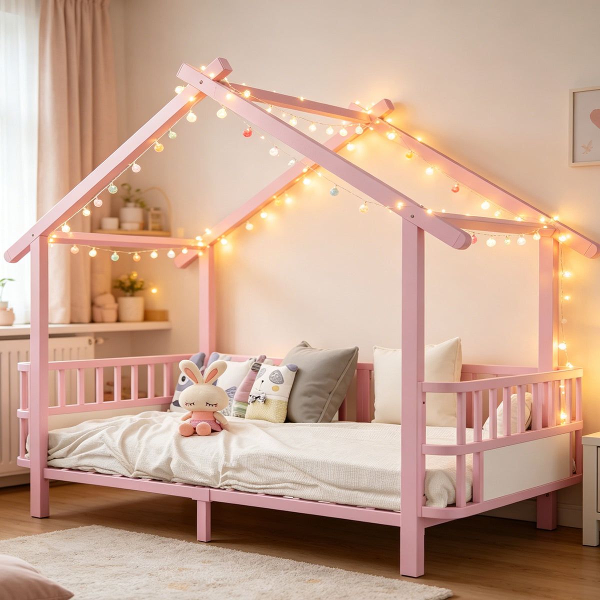 House Children's Bed Frame 90x200cm with Safety Rail, Pink Metal