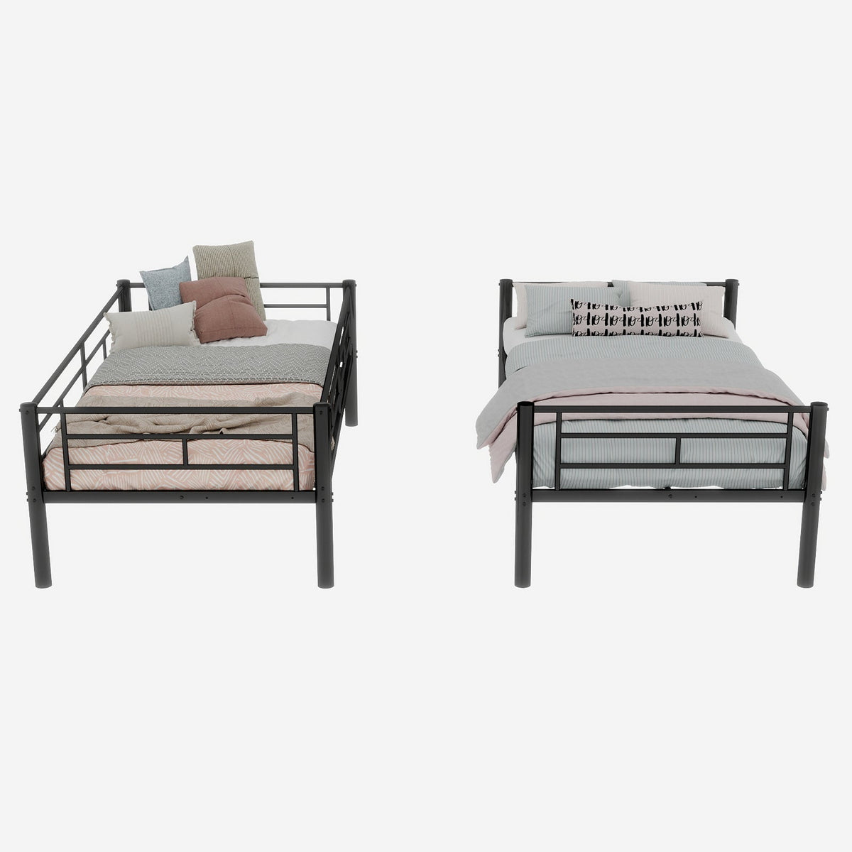 Twin over Twin Bunk Bed Convertible 2 Beds Ladders Railings, Metal Structure