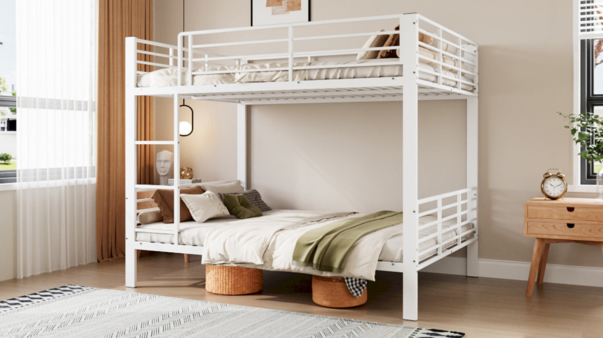 Bunk Bed 140x200 cm with Ladder & Fall Protection, White Metal