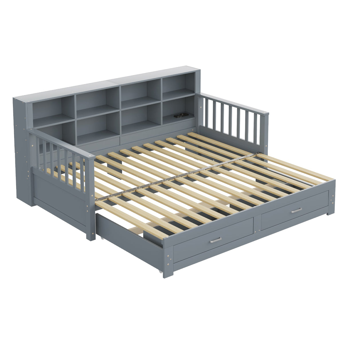 Sofa Bed, Pull-Out 90/180x190 cm with Storage & Charging, 2 Drawers, Pine, Grey