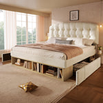 Double Bed with Storage Drawers and Adjustable Headboard, 140x190cm, Beige Velvet