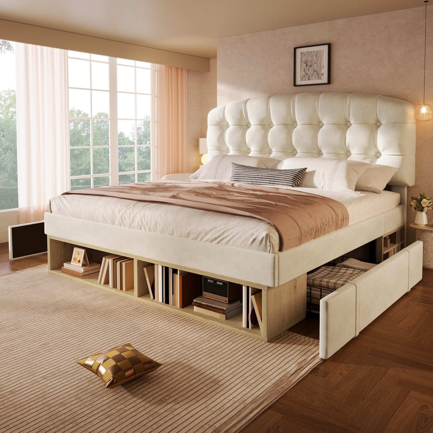 Upholstered Double Bed with Drawers, Storage and Adjustable Headboard, 140x200cm, Beige Velvet