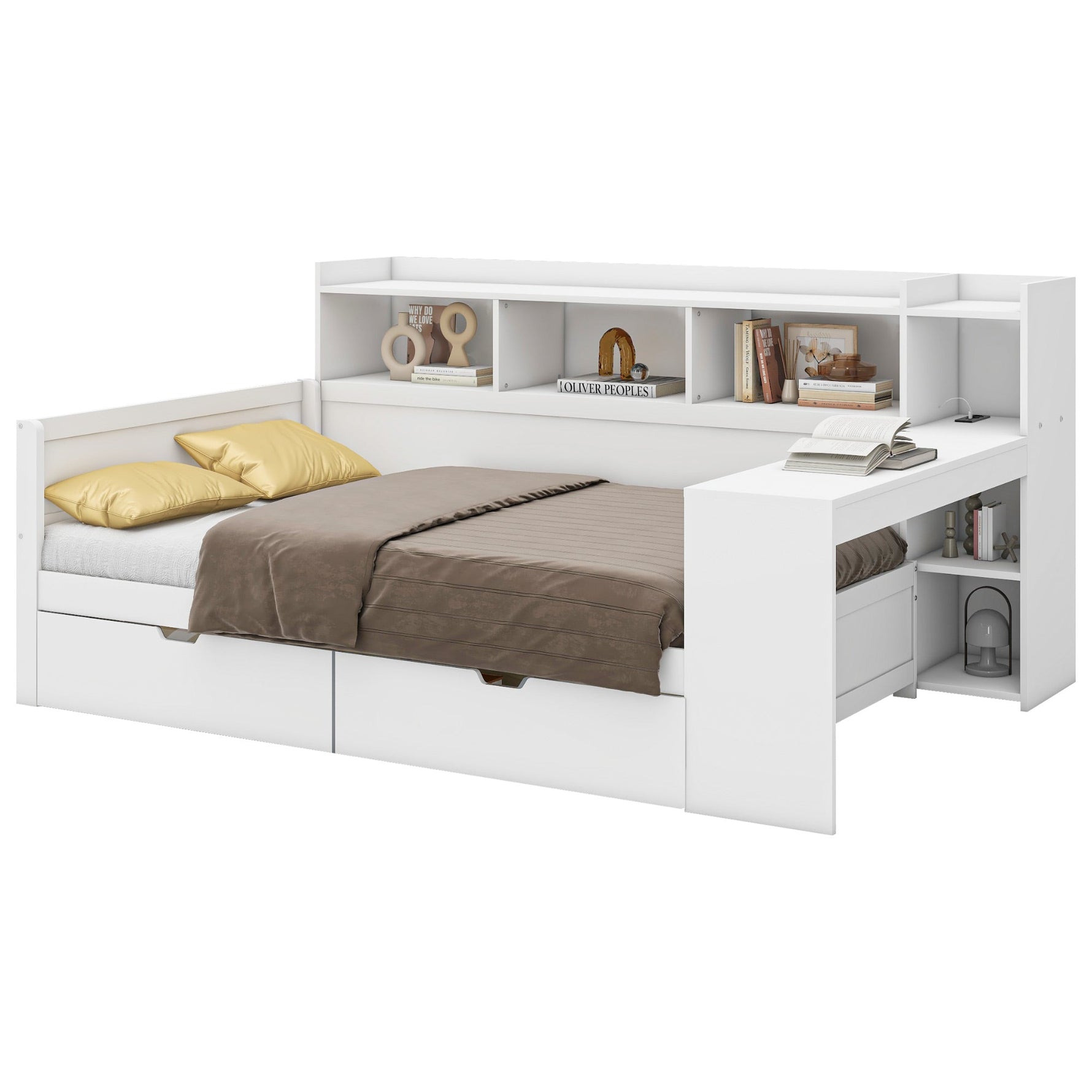 Daybed with Desk and USB Charging Port, 90 x 200 cm with 2 Drawers and Storage Shelves, White Chipboard