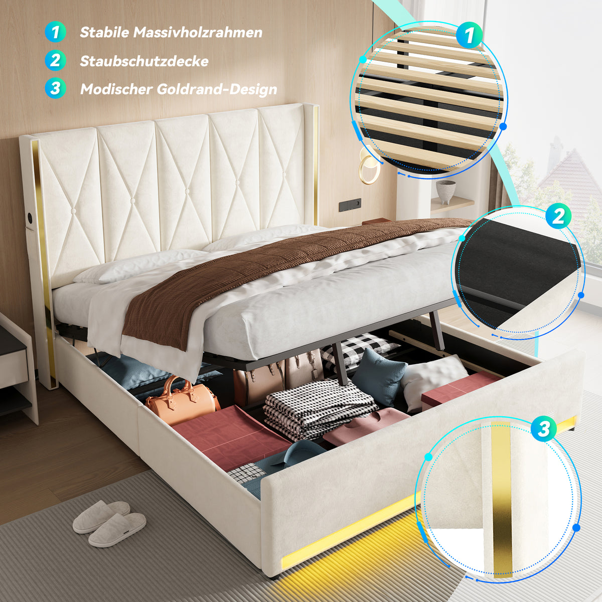 Storage Bed with LED, USB & Hydraulic Storage, 180x200cm, Velour