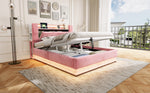Smart Upholstered Bed 160x200cm with LED & Storage, Pink Velvet