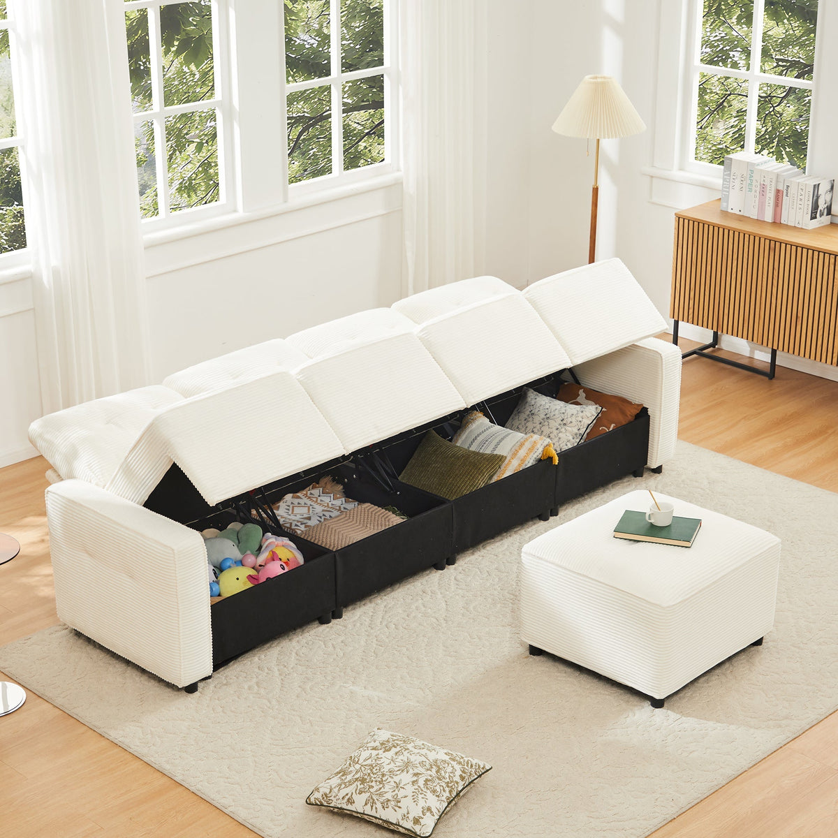 4-Seater Straight Corduroy Sofa with Under-Seat Storage and Freestanding Ottoman, Beige