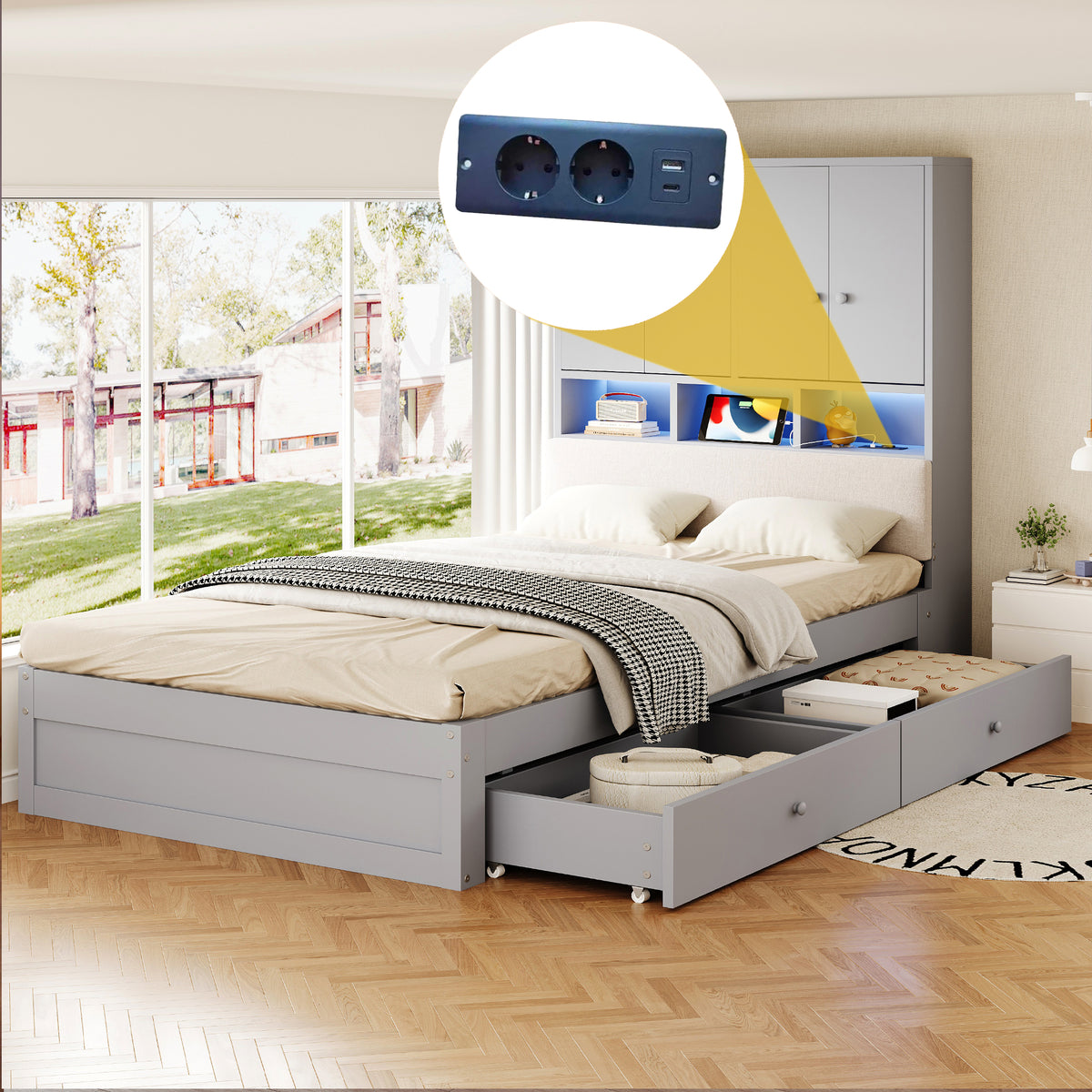 Multifunctional Wooden Bed 90x200cm, LED Storage Headboard, Grey