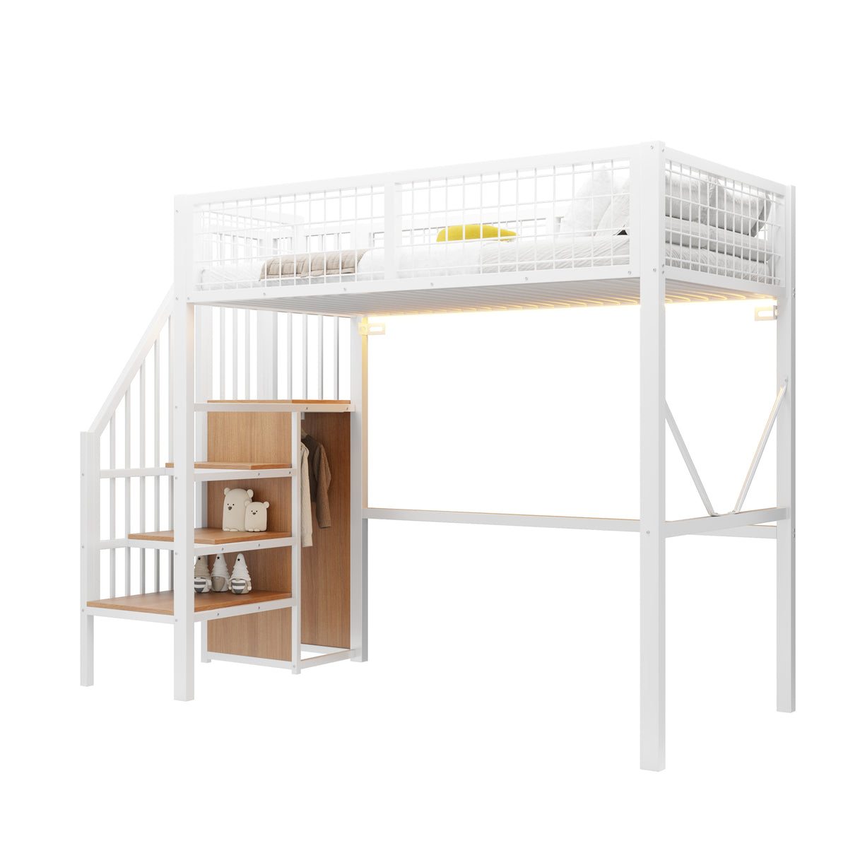 Loft Bed 90x200 cm with Ladder, Storage & LED Light, White Metal
