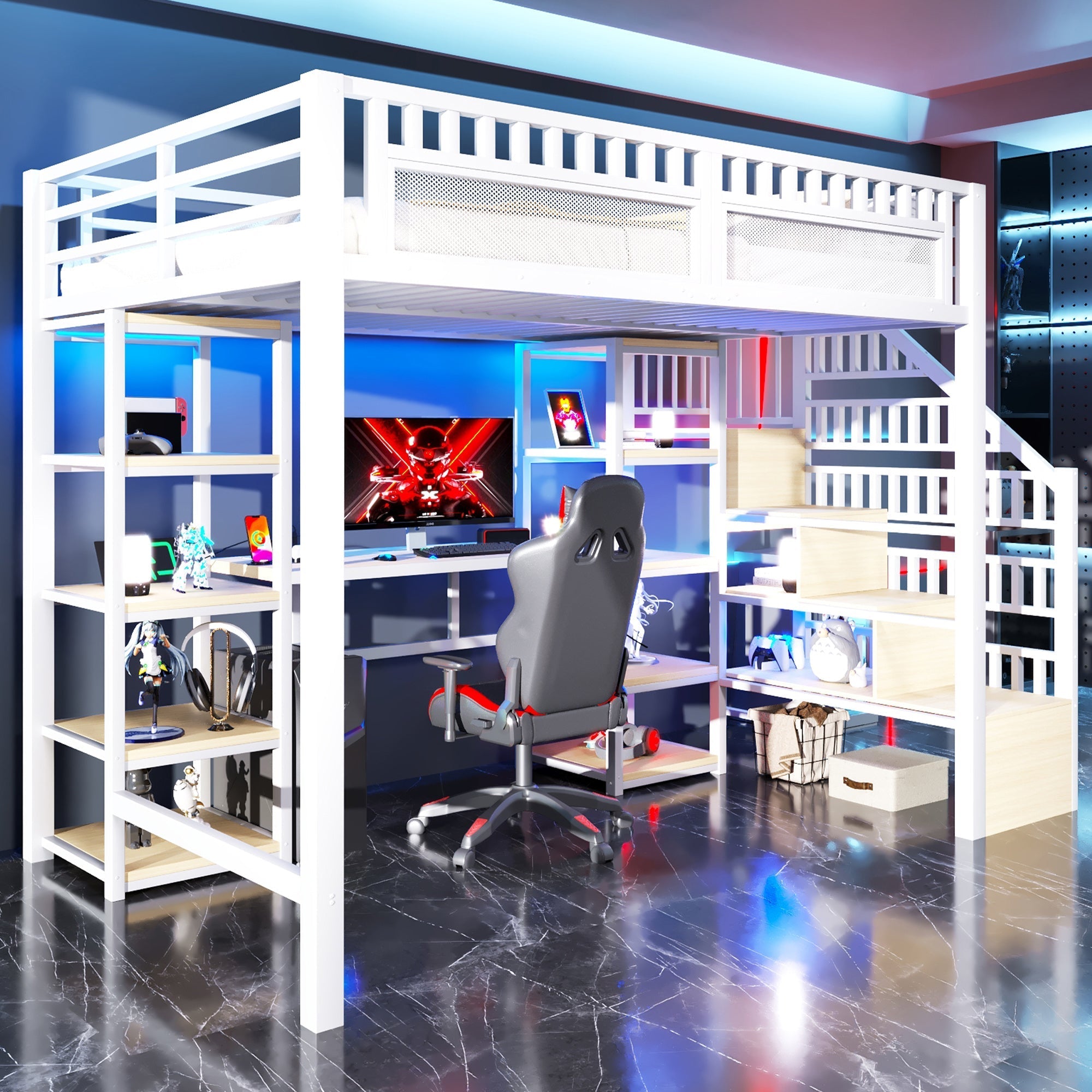 Loft Bed with Desk, Storage Ladder, LED Lights and USB Port, White Metal and MDF
