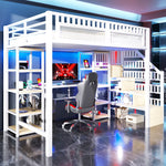 Loft Bed with Desk, Storage Ladder, LED Lights and USB Port, White Metal and MDF