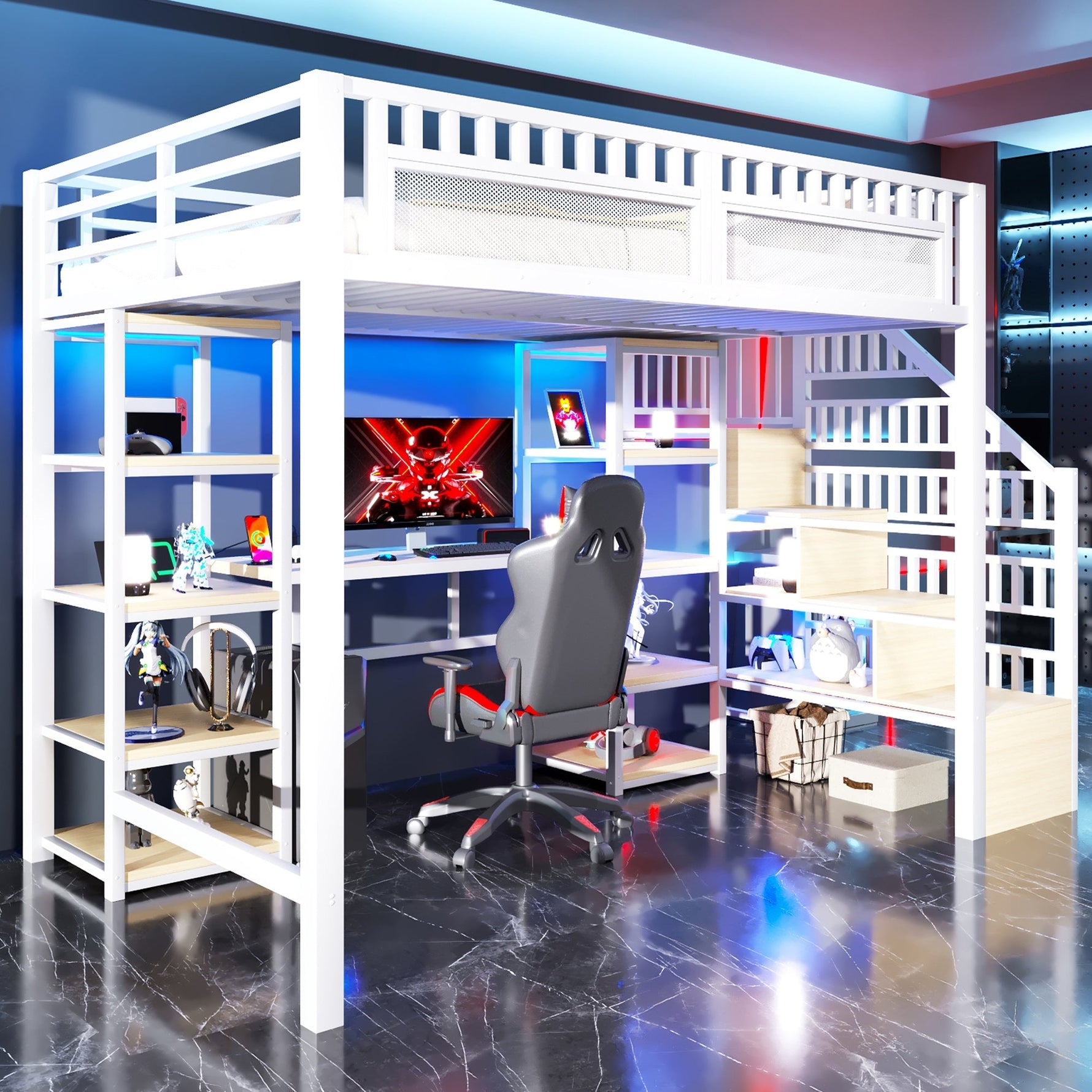 Loft Bed with Desk, Storage Ladder, LED Lights and USB Port, White Metal and MDF