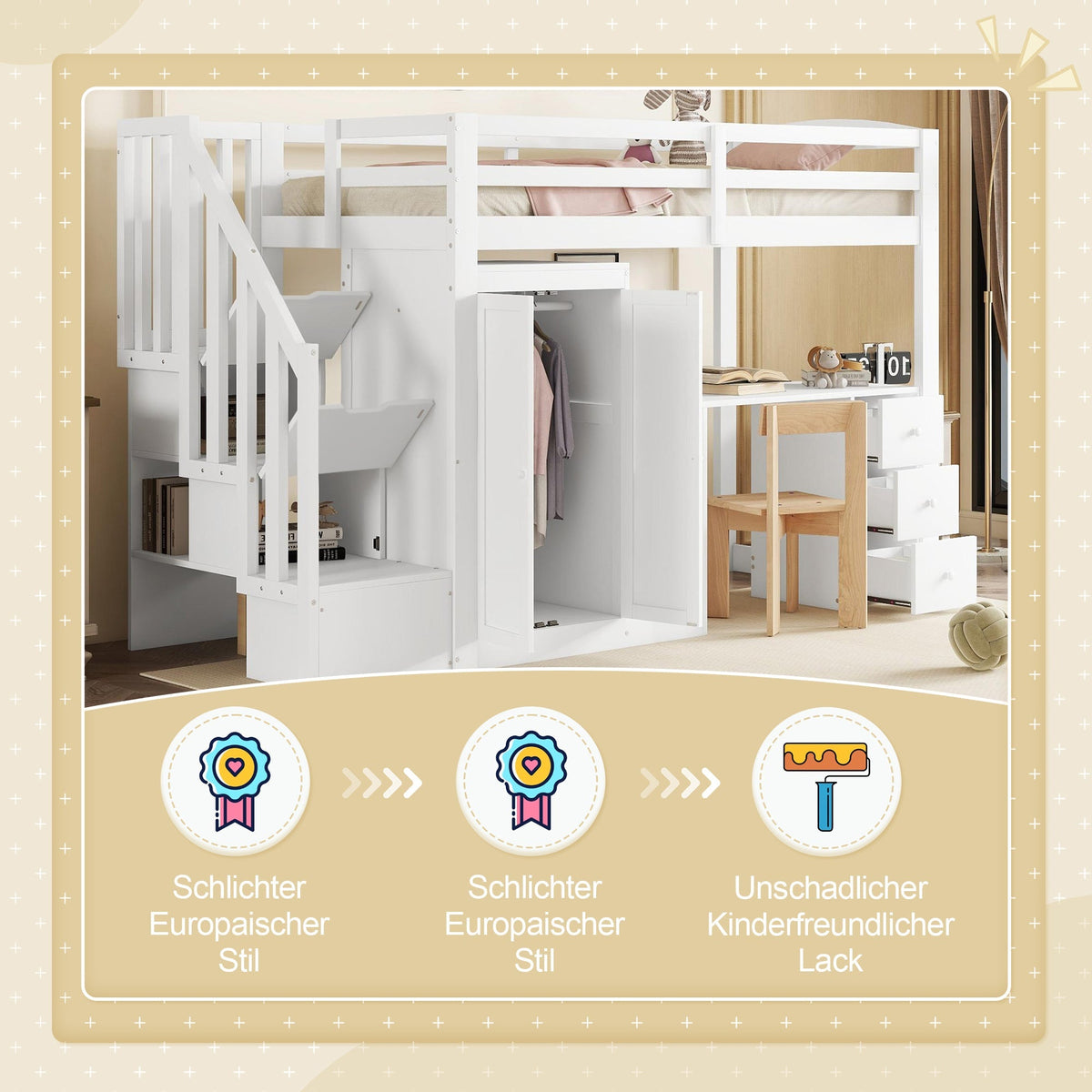 Loft Bed with Wardrobe, Desk, Stairs and Drawers, 90 x 200cm, White