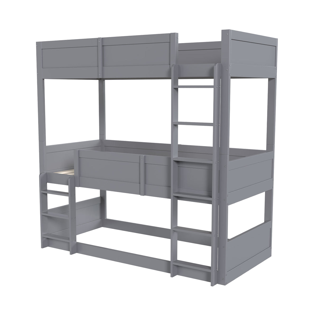 Triple Bunk Bed 90x200 cm with High Fence & Slats, Grey Wood