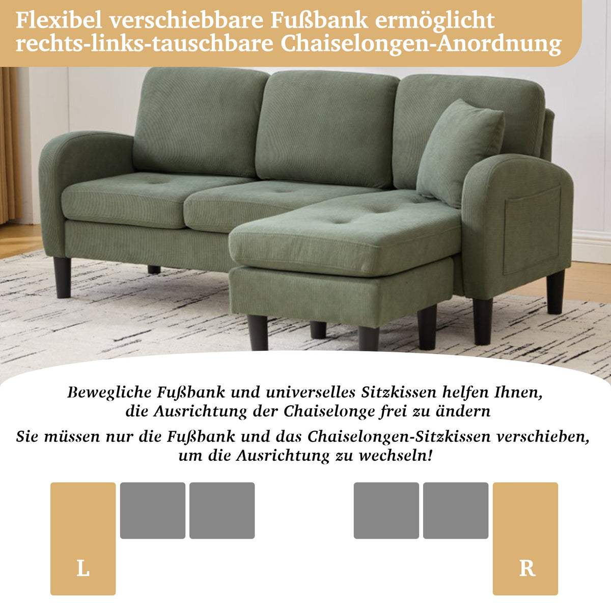 L-shaped Corner Sofa with Chaise Longue, 3-Seater Modular Design, Corduroy Fabric