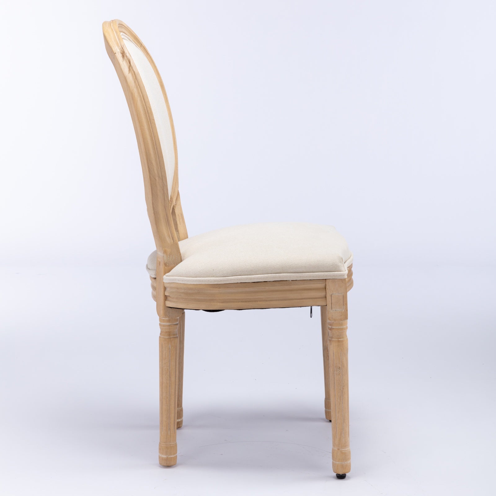 French Style Dining Chair Set of 2 Solid Wood Antique Finish Linen Back - Beige