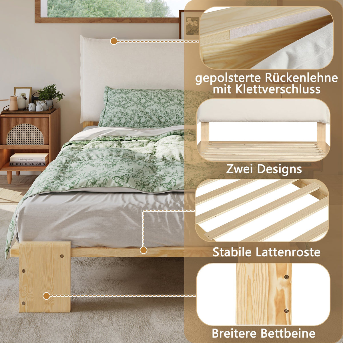 Upholstered Bed, Padded Headboard with Velcro and Sturdy Slatted Base, Pine and Plywood, Natural
