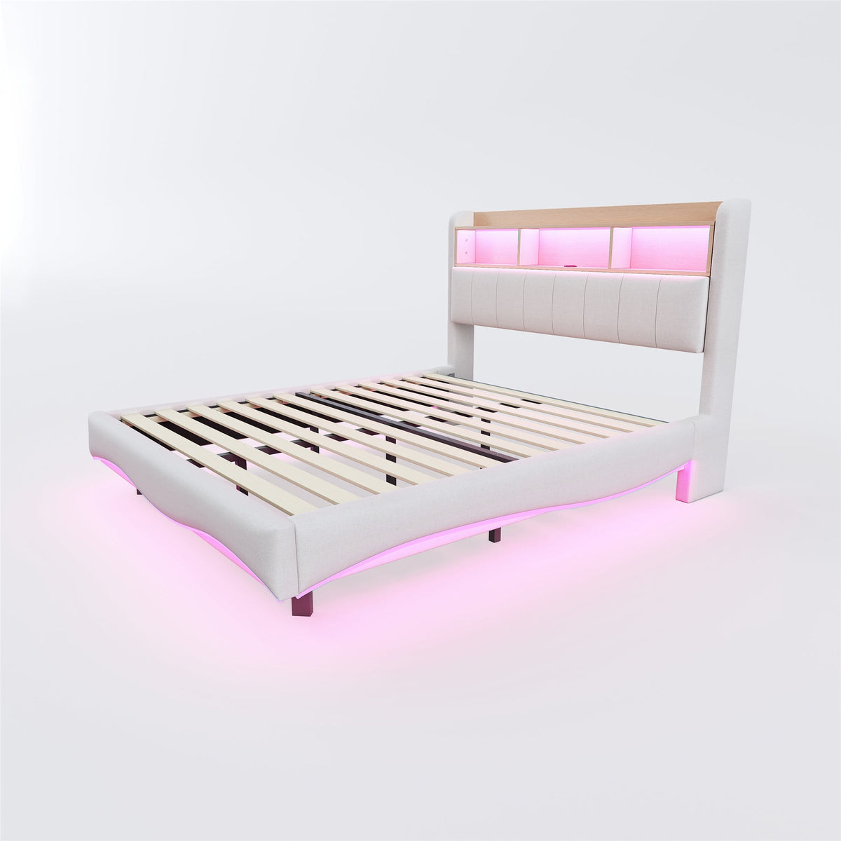 Upholstered Bed, 160*200, Multifunctional Storage, LED Light, USB and Type-C Interface, Beige Linen Fabric