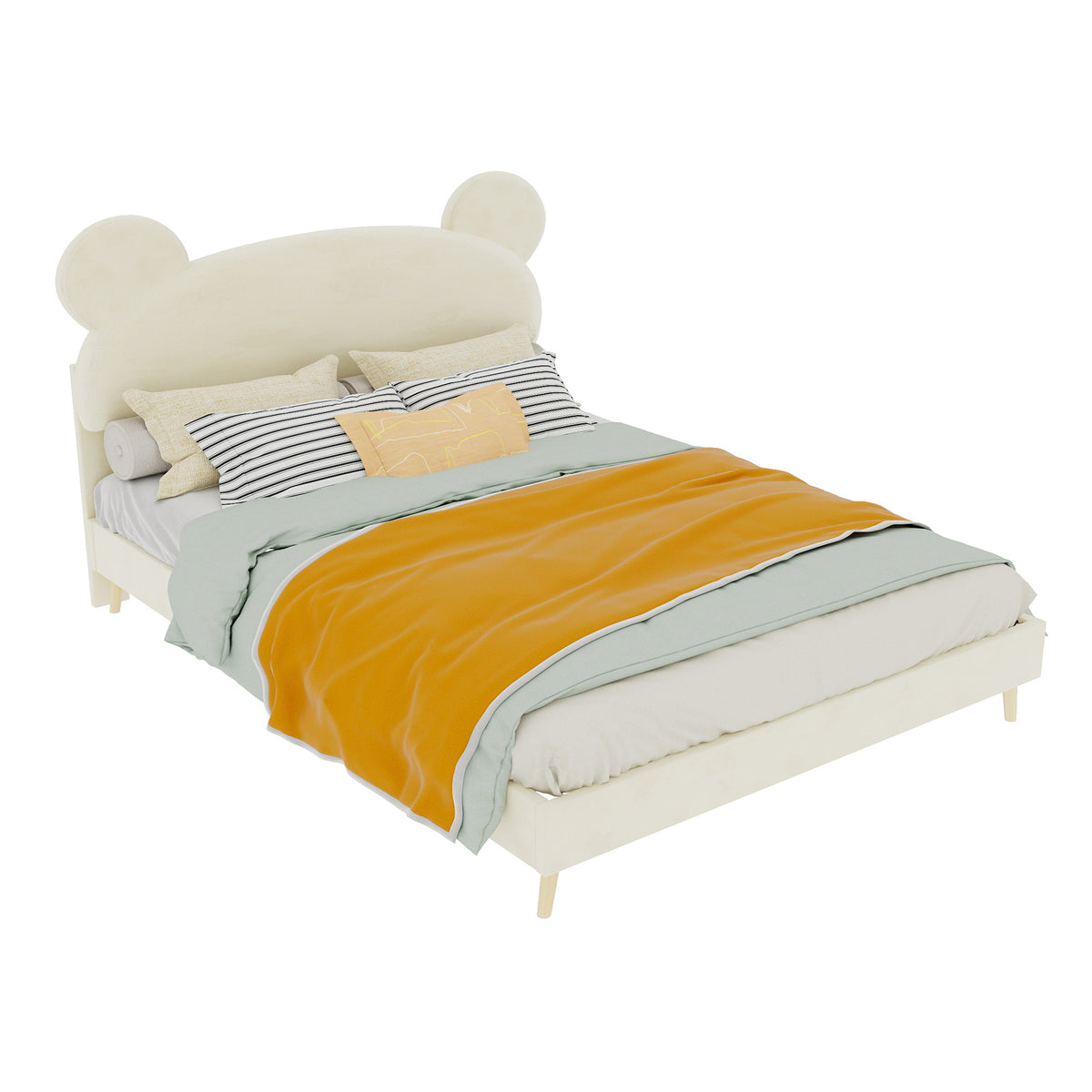 Modern Upholstered Bed 140x200cm with Mattress, Cartoon Design, Beige