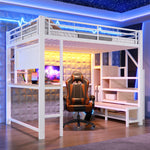 Loft Bed 140x200cm with Desk, Shelves & LED Lighting, White