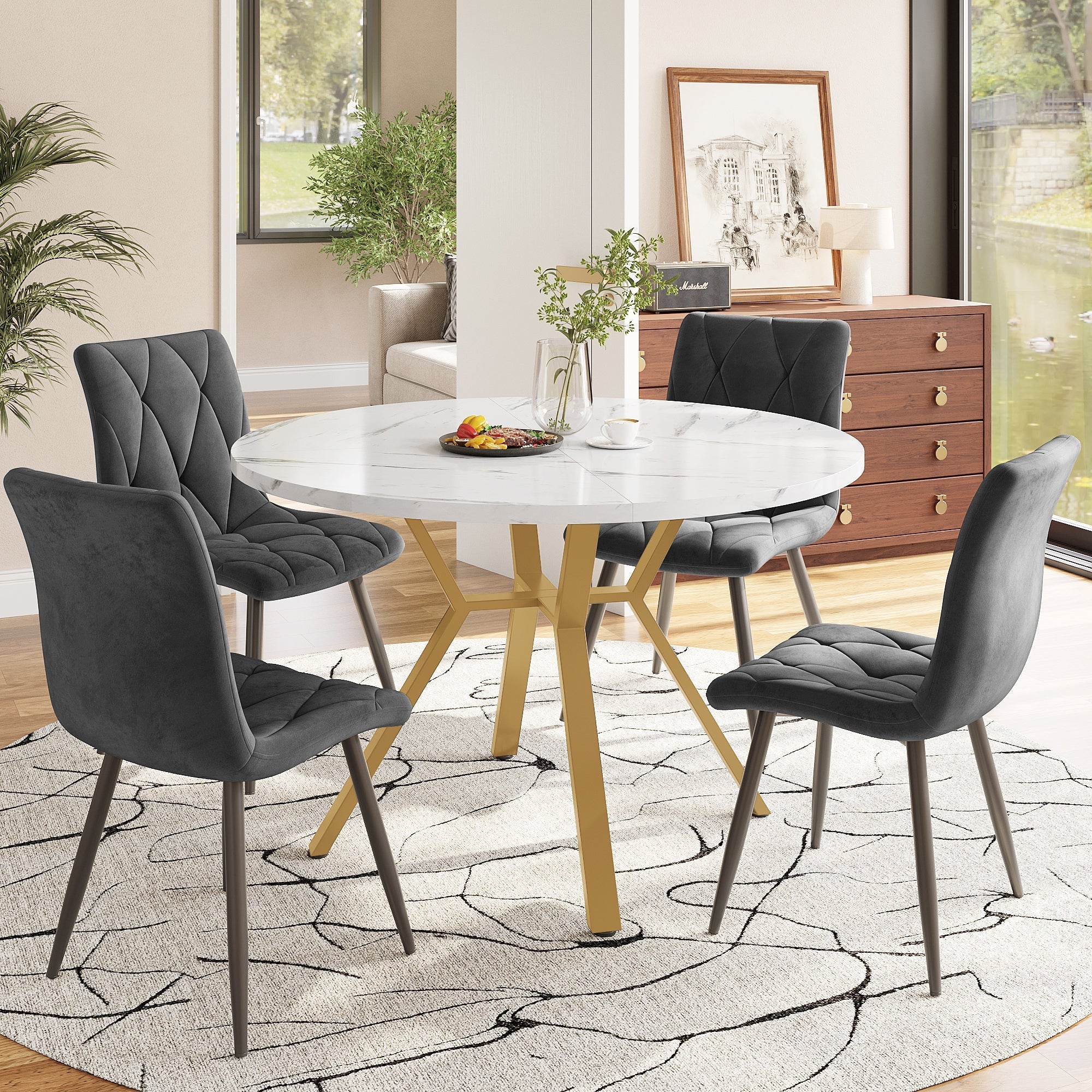Dining Set 5-Piece Round Marble Table 4 Velvet Chairs - Grey