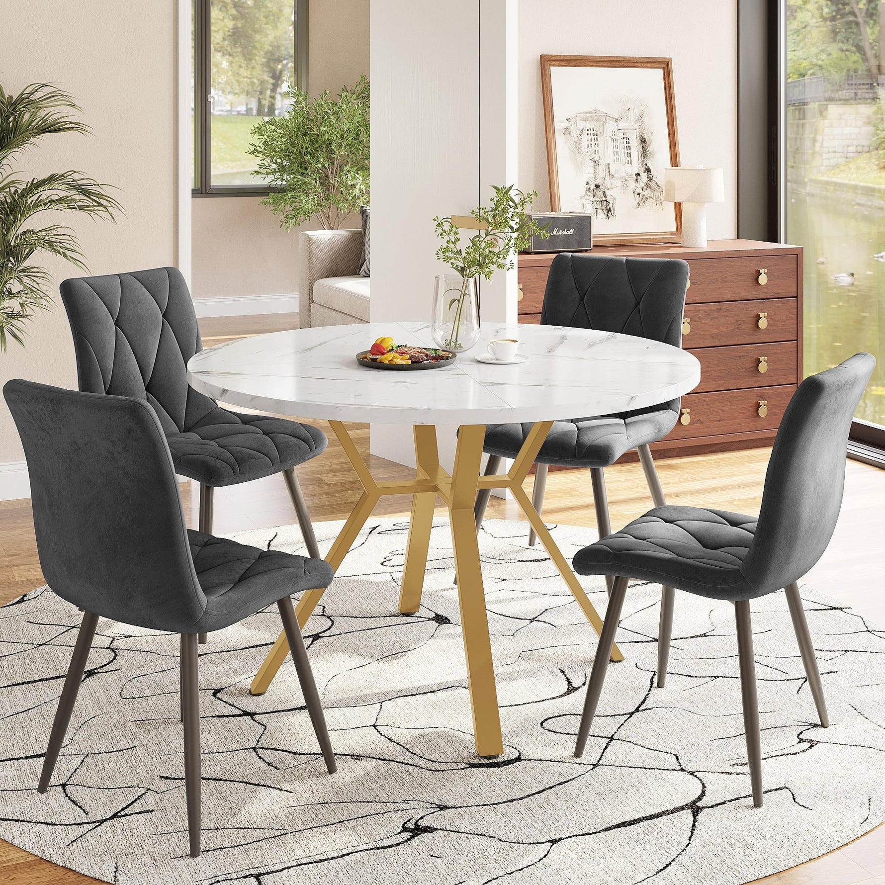 Dining Set 5-Piece Round Marble Table 4 Velvet Chairs - Grey