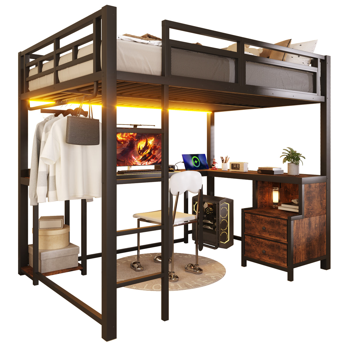 Metal Loft Bed 140x200cm with Desk, LED & Storage, Metal