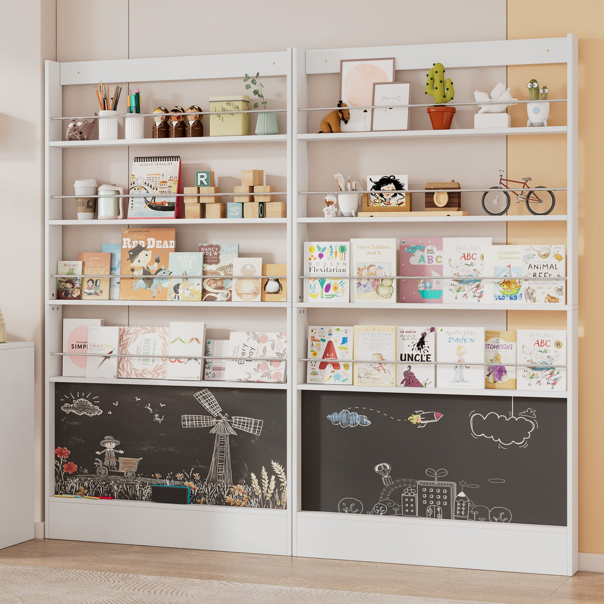 Children's Book Shelf 4-Tier Storage Display Paintable Blackboard Anti-Tip White