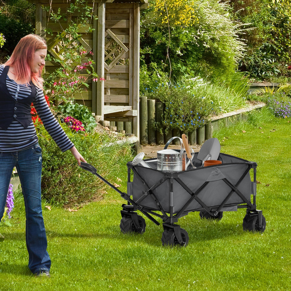 Handcart, Foldable 360° Garden Cart with Telescopic Handle, Grey
