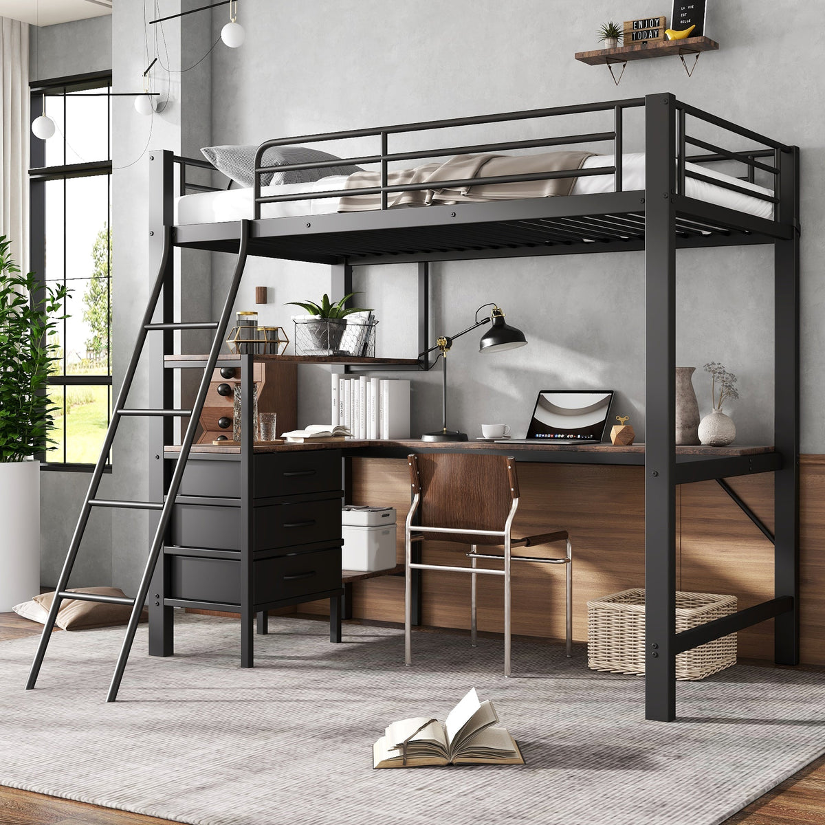 Iron Bunk Bed with Table, 3 Drawers, Ladder, 90x200cm, Black/Dark Walnut
