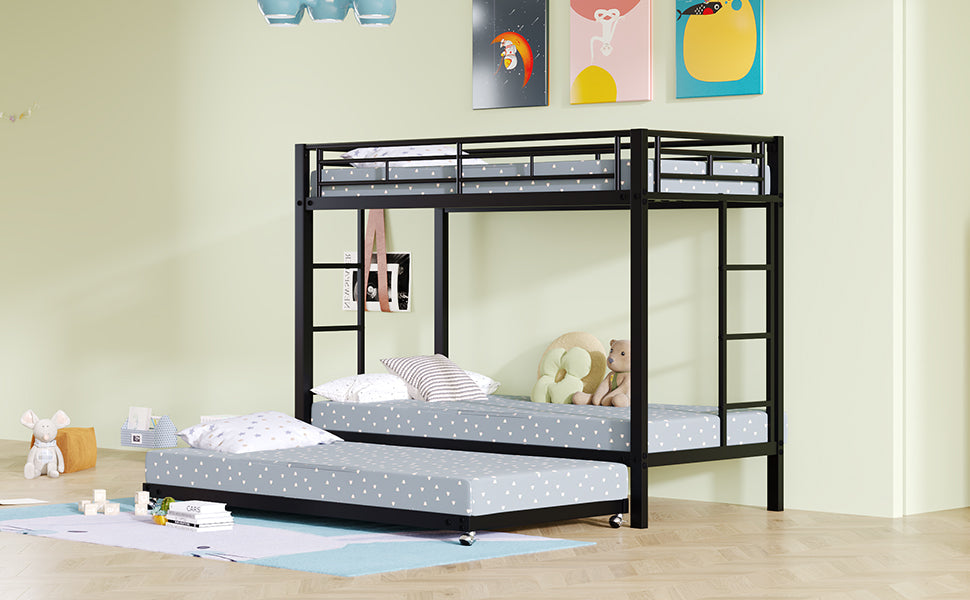 Bunk Bed 90x200cm with Pull-Out Bed Safety Railings EN747 Certified - Black Iron Frame