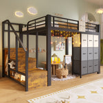 Loft Bed 140x200cm with Storage Stairs & Drawers, Black Metal