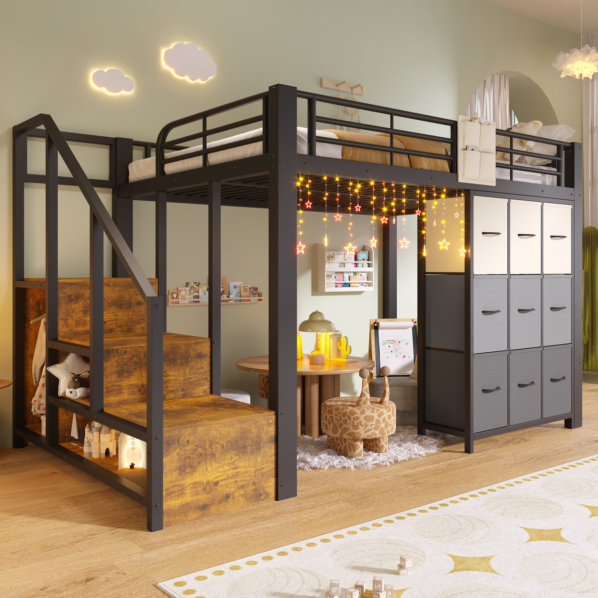 Loft Bed 140x200cm with Storage Stairs & Drawers, Black Metal