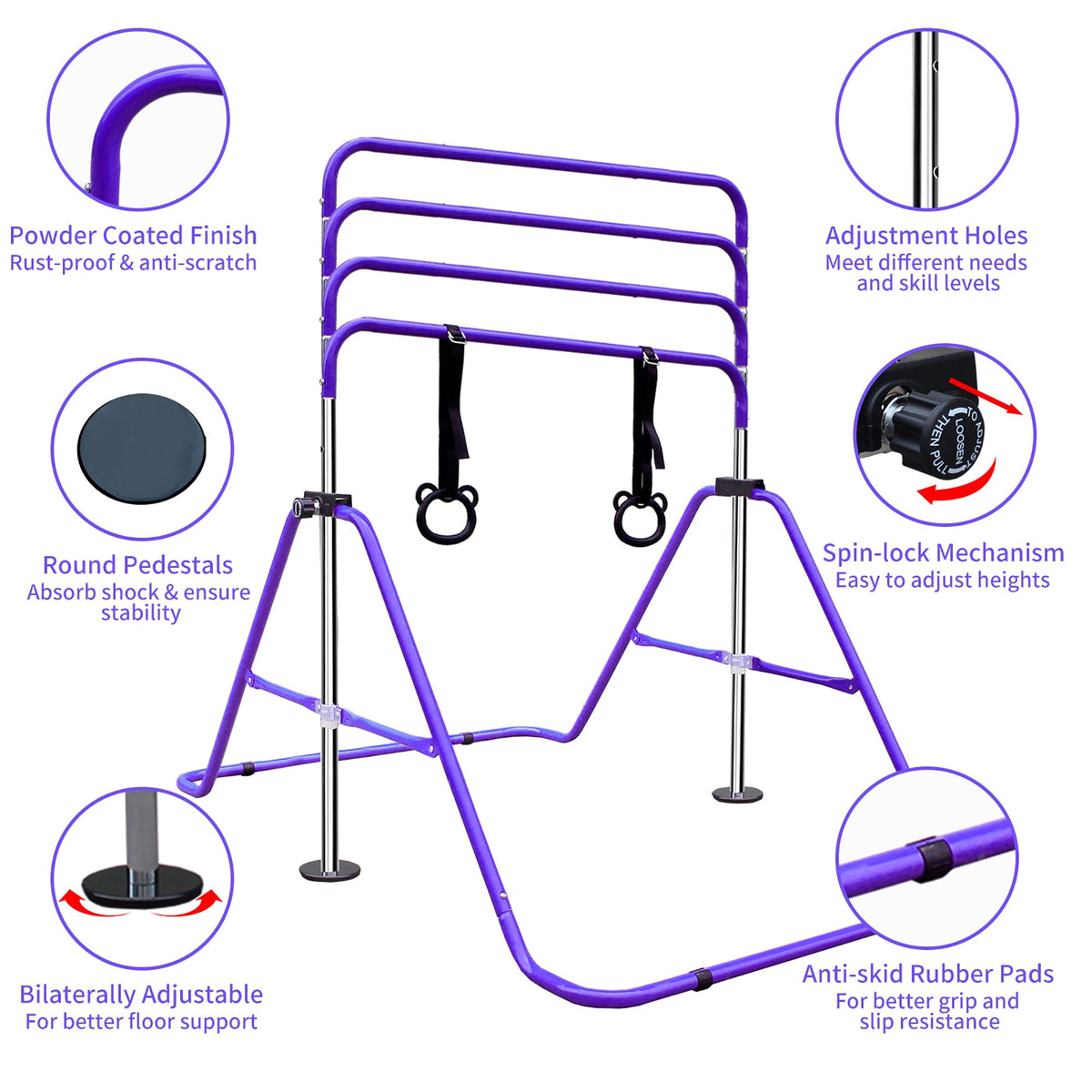 Adjustable Gymnastics Bar, Height-Adjustable Extendable Steel, Purple