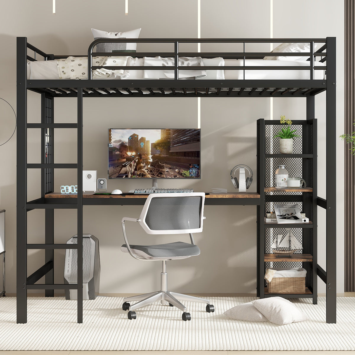 Loft Bed with Desk & Shelves 90x200cm - Black & Dark Wood
